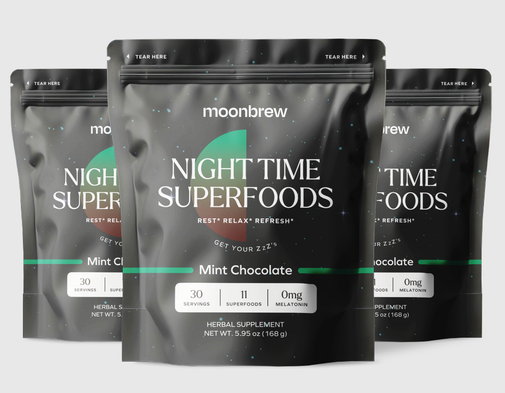 Three bags of Moonbrew Night Time Superfoods, Mint Chocolate flavor.