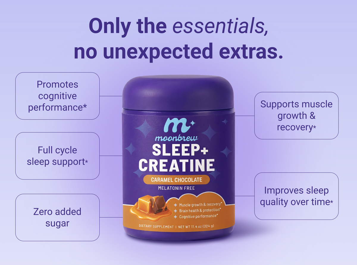 MoonBrew Sleep + Creatine ingredient banner showing the formula essentials