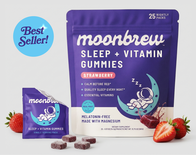 Front view of Moonbrew Sleep + Vitamin Gummies strawberry pouch and single snack pack with gummies and fresh strawberries on light gray background