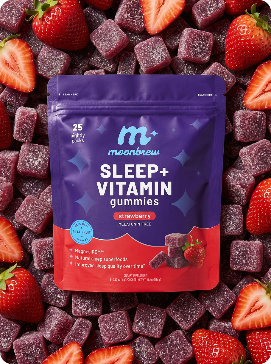 MoonBrew sleep gummies product pouch with gummies and strawberries