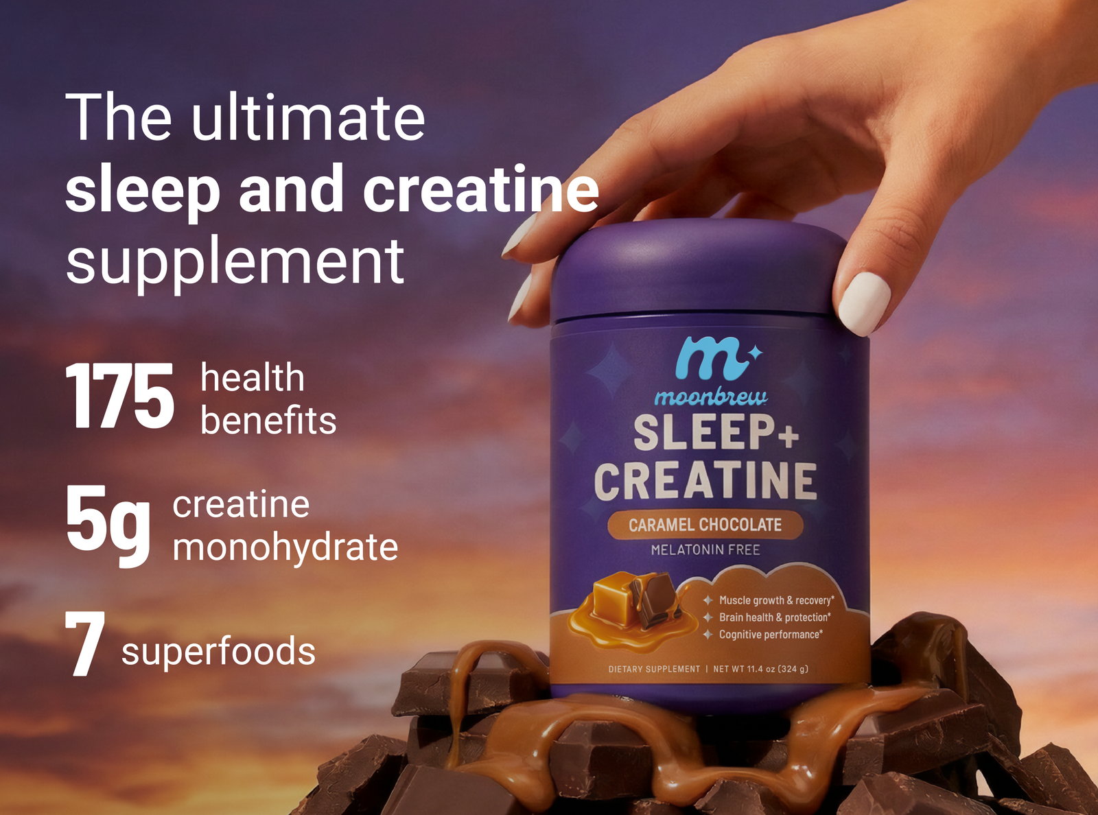 MoonBrew Sleep + Creatine purple tub with caramel chocolate flavor, 25 servings, free frother offer