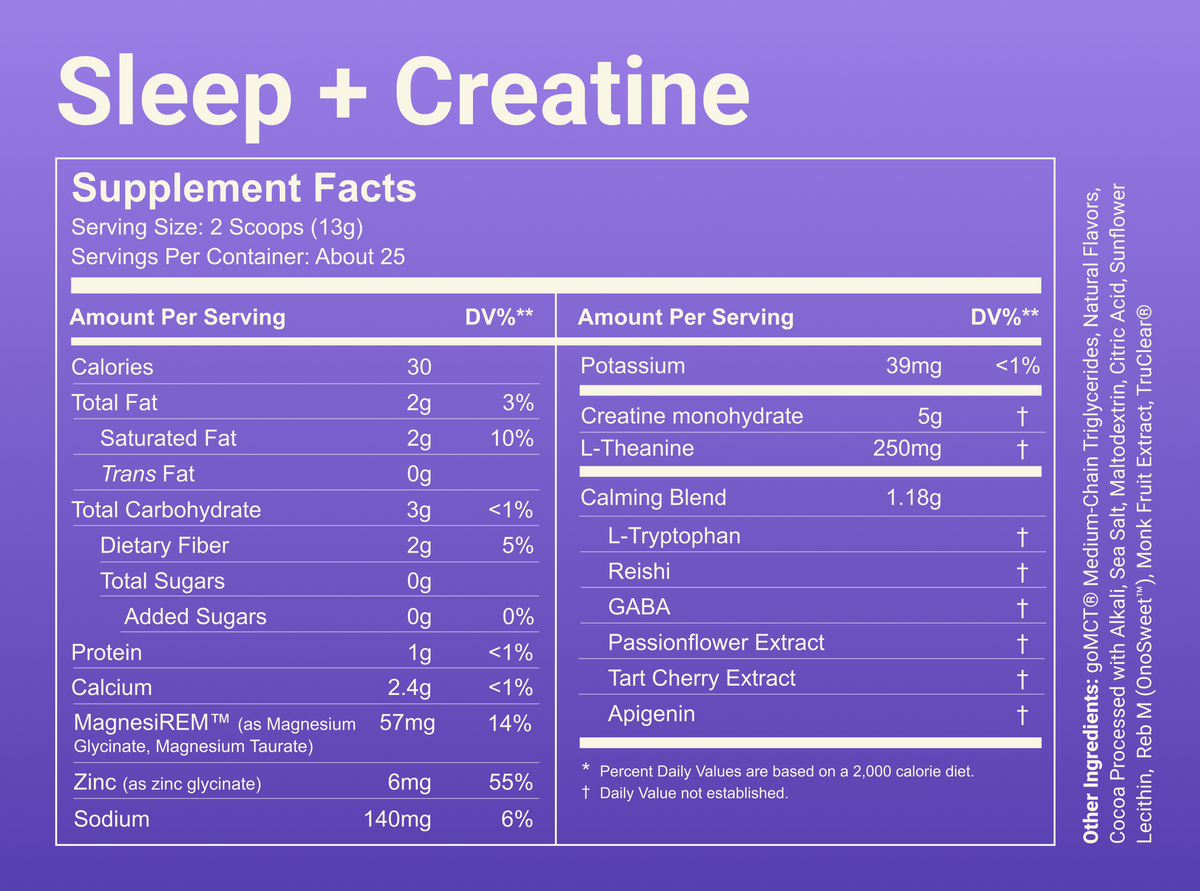 MoonBrew Sleep + Creatine supplement facts panel showing 5g creatine, 250mg L-theanine, 57mg MagnesiREM, 25 servings