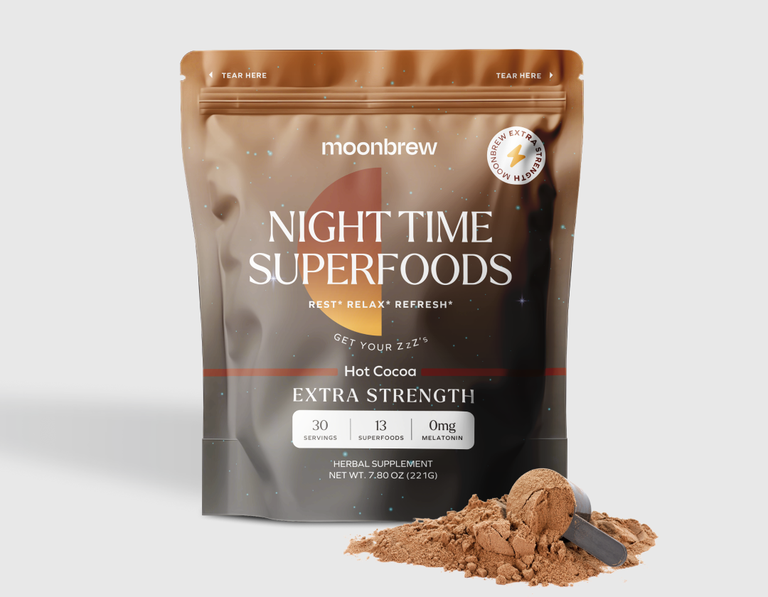 Moonbrew Night Time Superfoods Hot Cocoa package with cocoa powder and scoop.