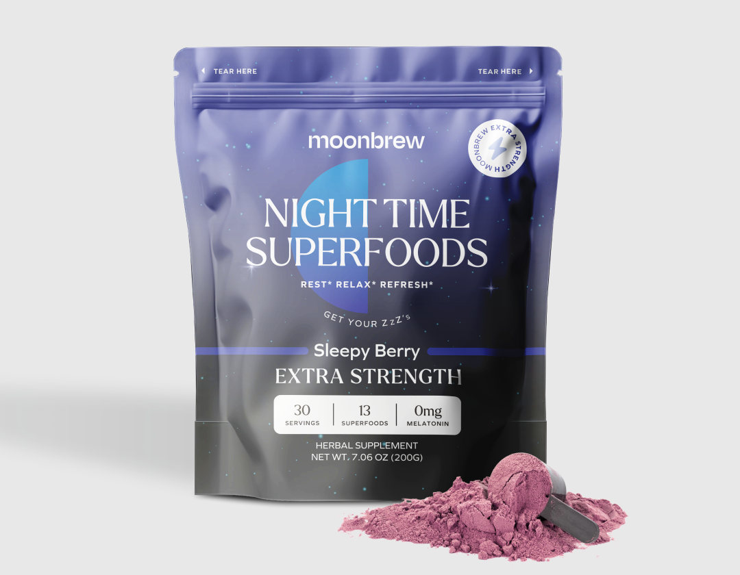 Night Time Superfoods Sleepy Berry supplement pack with purple powder and scoop.